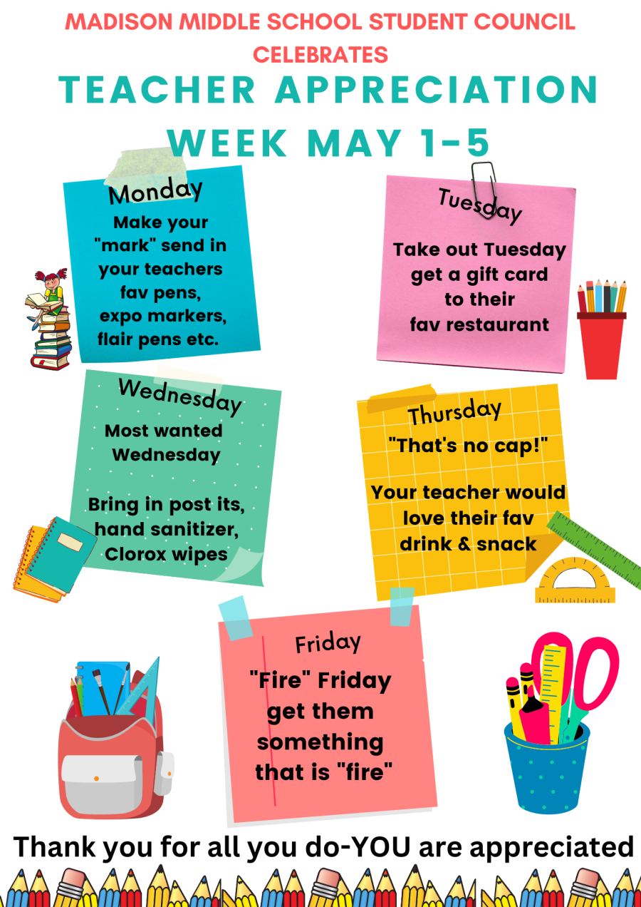 Madison Middle School teacher appreciation week flyer